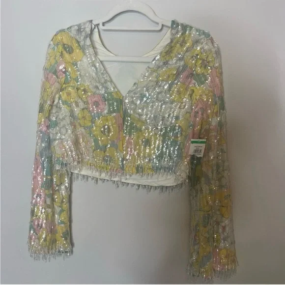ASOS EDITION pastel floral print and sequin long sleeve top with fringe - Picture 5 of 13